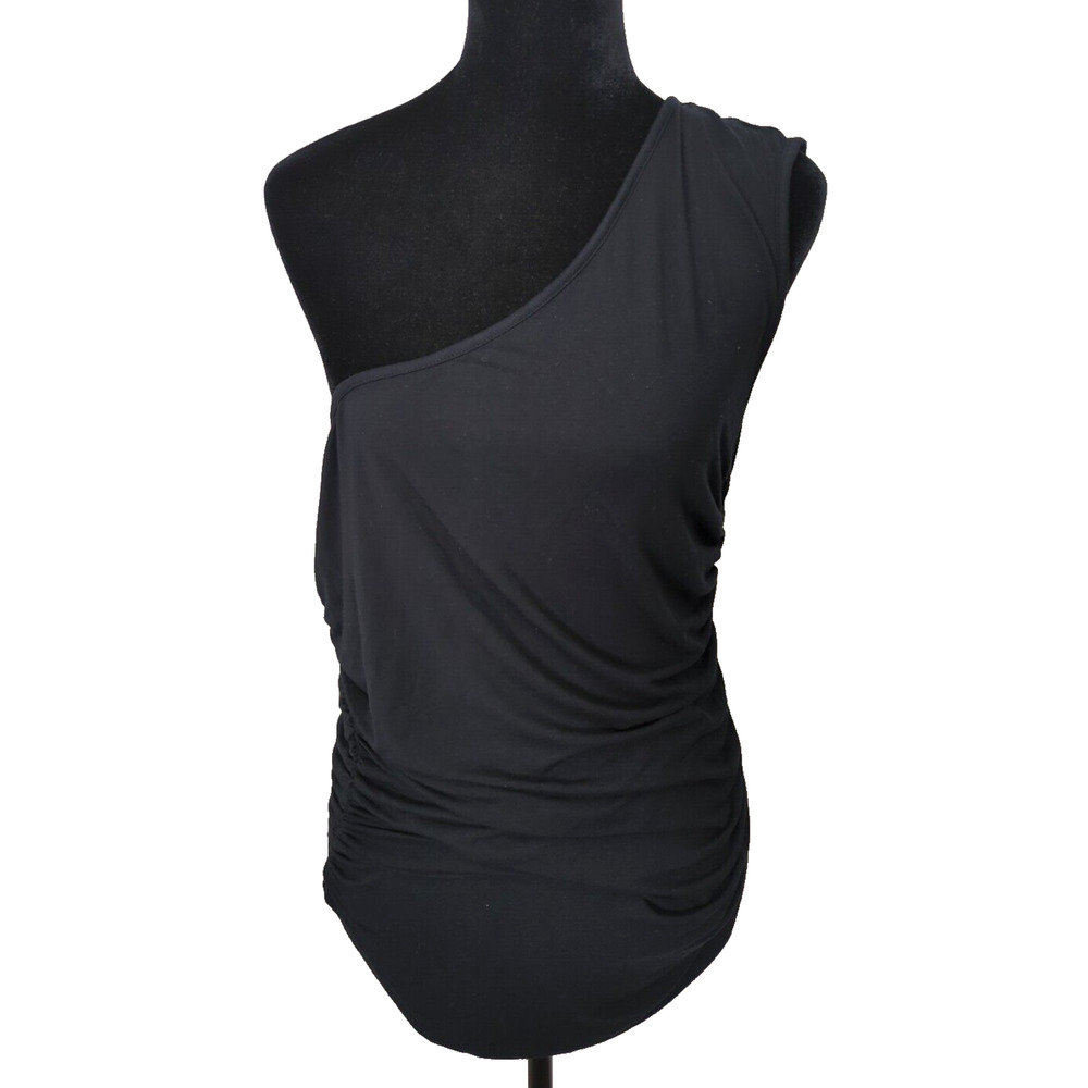 BCBG Max Azria One Shoulder Top Black XL Ruched Sides Festival Y2K Romantic Chic